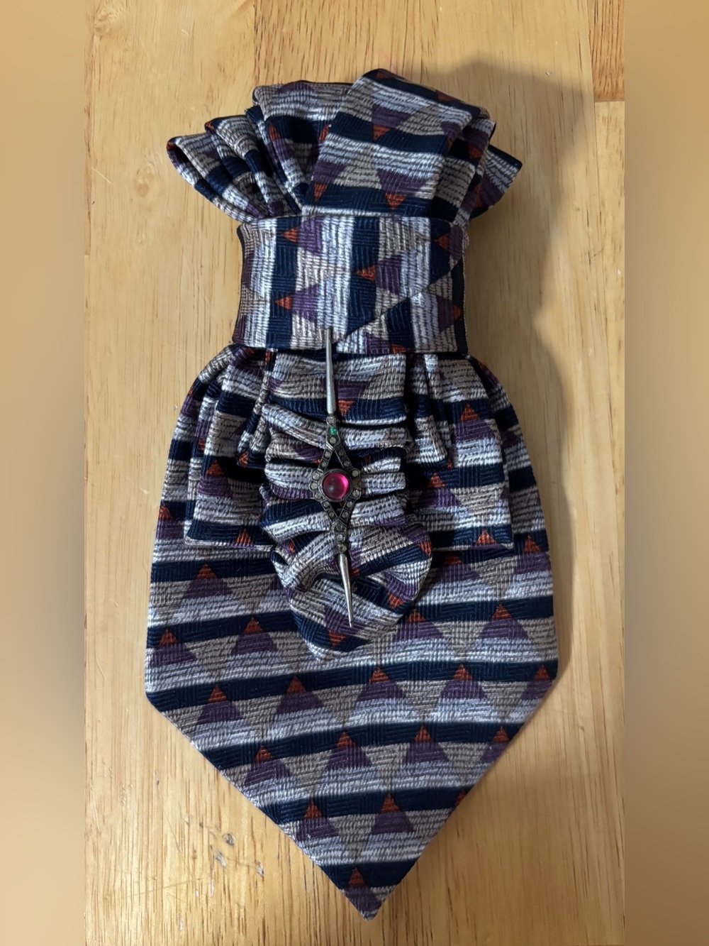 Navy & Gray Geometric Necktie Necklace with Jewel Accent
